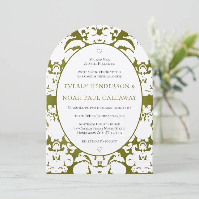 Dark Olive Damask Vintage Wedding Invitation (Standing Front)