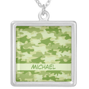 Dark Olive Green Camo Camouflage Name Personalised Silver Plated Necklace
