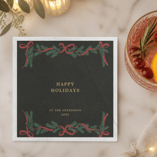 Dark Olive Green Christmas Wreath Holiday Cocktail Napkin