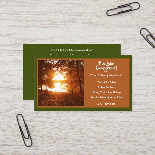 Dark Olive Green Forest Camp Campground Business Card (Front/Back In Situ)
