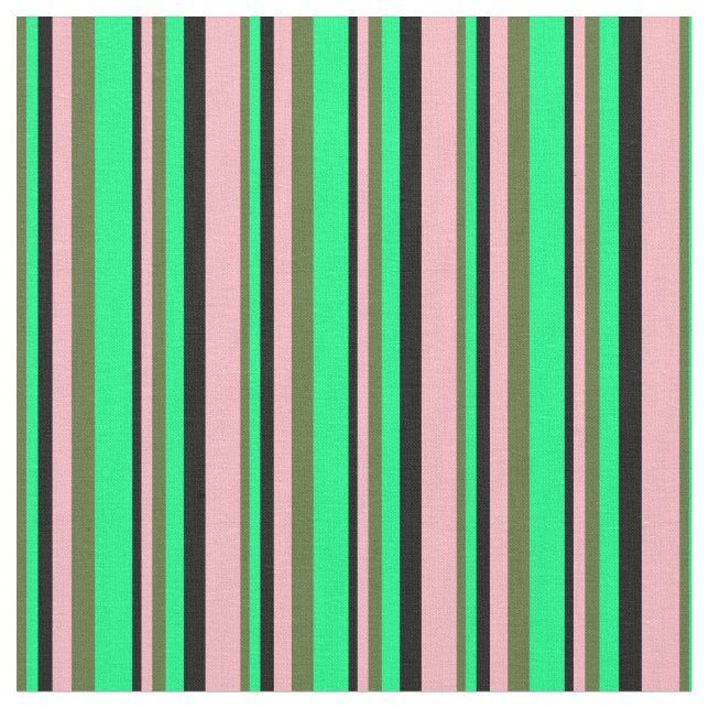 Dark Olive Green, Green, Black & Light Pink Lines Fabric (Close Up)