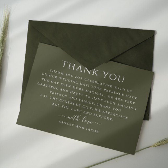 Dark olive green minimalist typography wedding thank you card (Creator Uploaded)