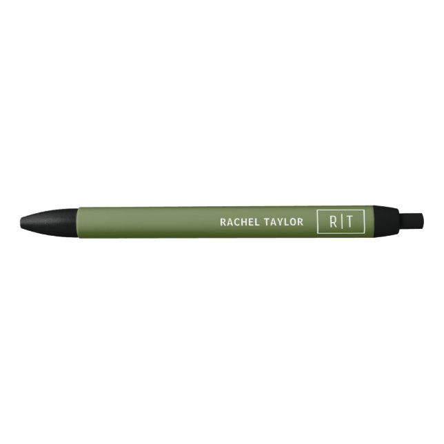 Dark Olive Green Simple Modern Monogram Black Ink Pen (Front)