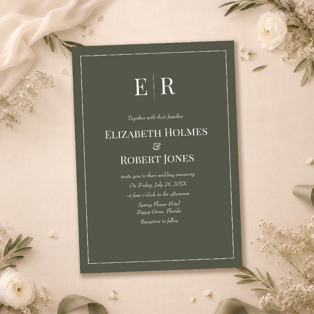 Dark Olive Minimalist Monogram Wedding Invitation (Dark Olive Minimalist Monogram Wedding Invitation on a table with white and green flowers)