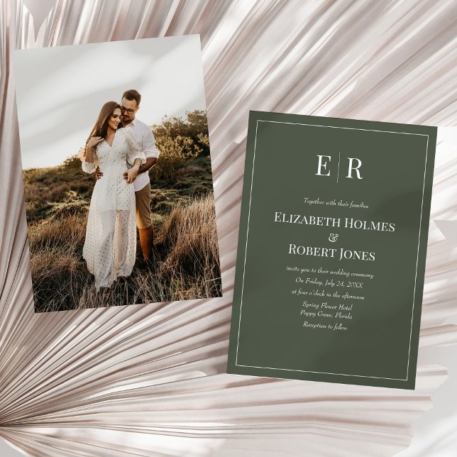 Dark Olive Monogram Photo Wedding Invitation (Dark Olive Minimalist Monogram & Photo Wedding Invitation on a neutral dry palm leaf.)