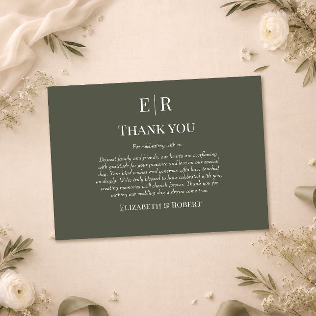Dark Olive Monogram Wedding Thank You Card (Dark Olive Monogram Wedding Thank You Card on a table with with flowers and wedding decor)