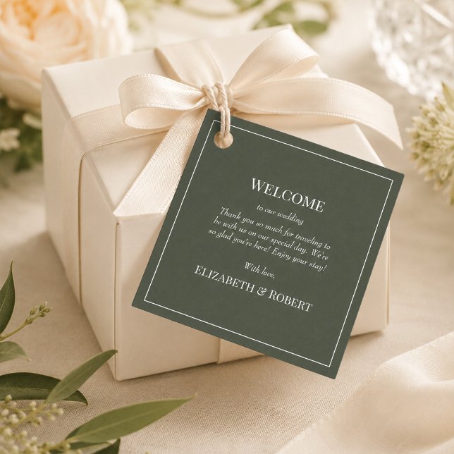 Dark Olive Monogram Wedding Welcome Gift Tag (Dark Olive Monogram Wedding Welcome Gift Tag on an elegant gift box)