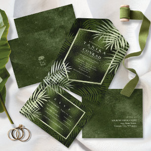 Dark Olive Oasis Palm Leaf Foil Slate ID1324 All In One Invitation