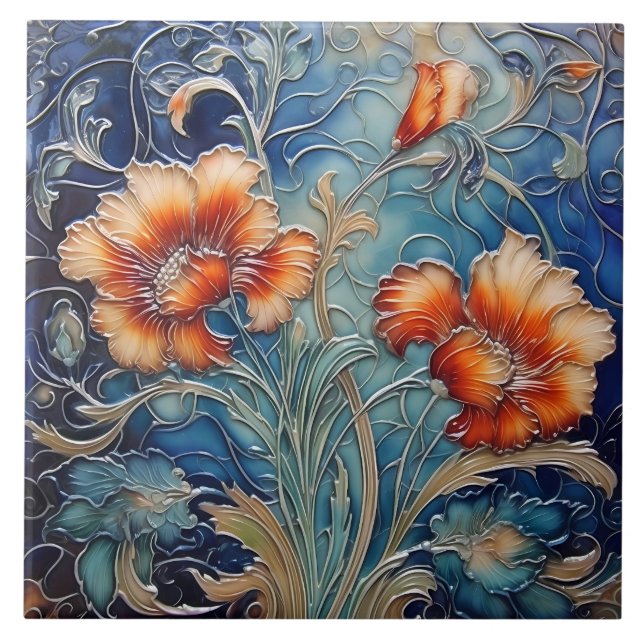 Dark Orange and Blue Art Nouveau Floral Motif Ceramic Tile (Front)