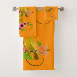 DarK Orange - Bird & Yellow Rose Bath Towel Set