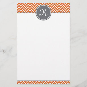 Dark Orange Chevron Pattern Grey Monogram Stationery