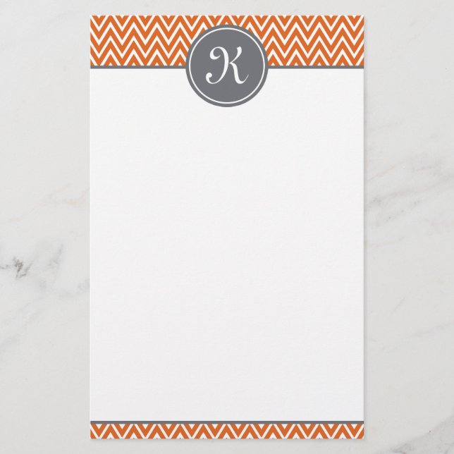 Dark Orange Chevron Pattern Grey Monogram Stationery (Front)