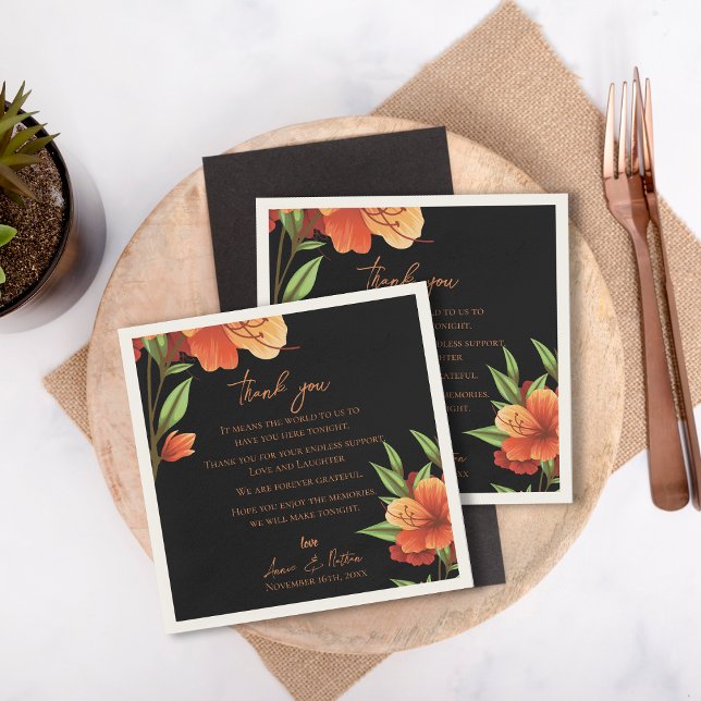 Dark Orange Floral Wedding Thank you Message Napkin (Dark Orange Floral Wedding Thank you Message Napkins)
