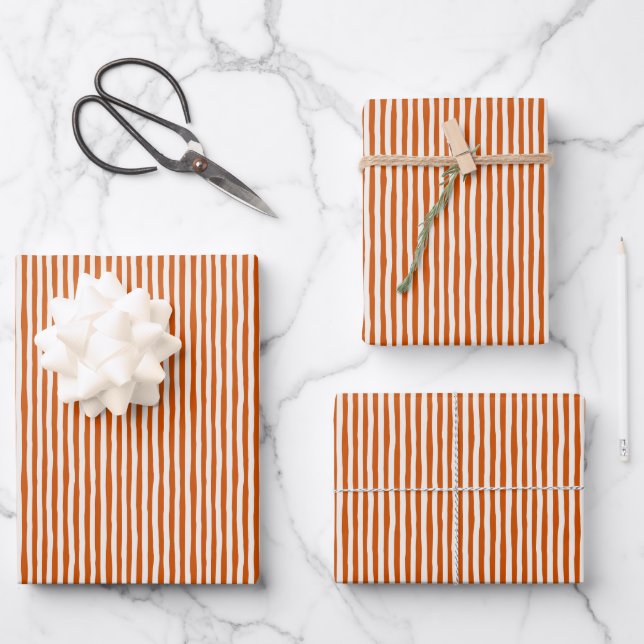 Dark Orange & Ivory Wonky Stripes Wrapping Paper Sheet (Front)