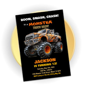 Dark Orange Monster Truck Birthday Invitations