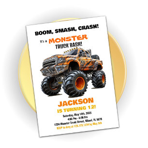 Dark Orange Monster Truck Birthday Invitations