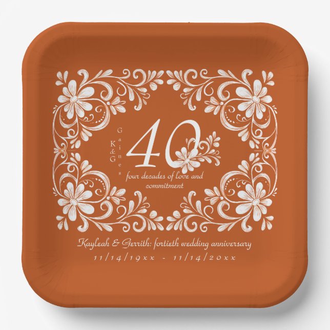 Dark Orange Shabby Chic 40 Anniversary Plate (Front)
