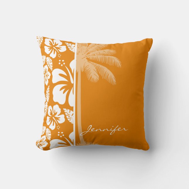 Dark Orange Tropical Hibiscus; Summer Palm Cushion (Front)