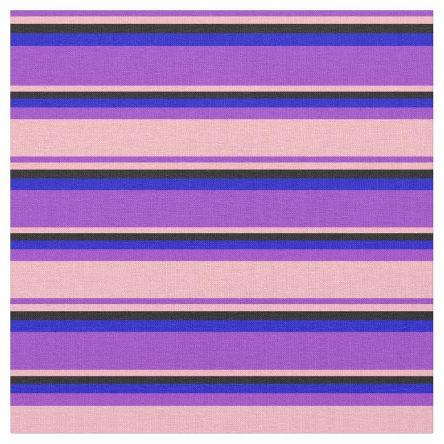 Dark Orchid, Light Pink, Black & Blue Stripes Fabric (Close Up)