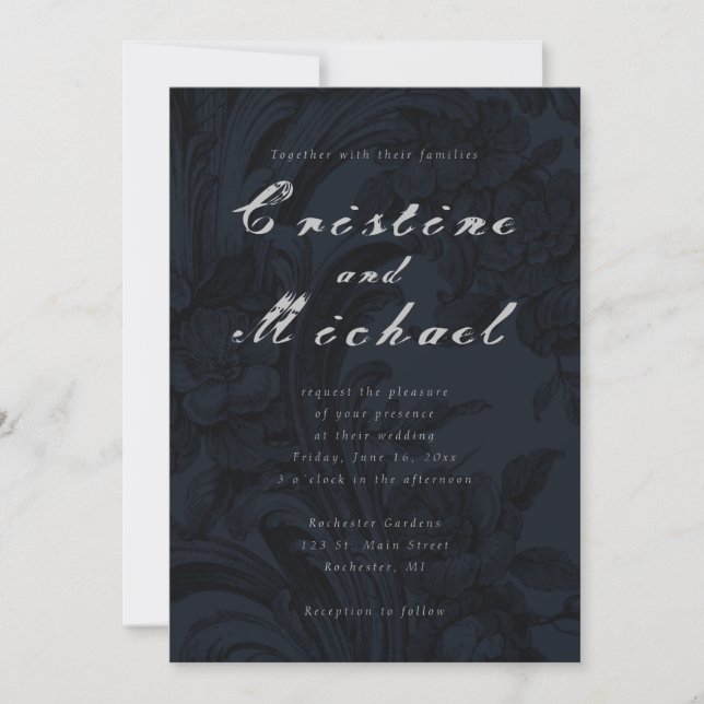 Dark ornamental elegant script wedding invitation (Front)