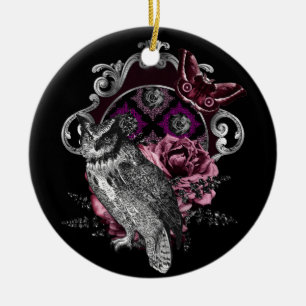 Dark Owl Butterfly And Flowers - Gothic Ceramic Ornament