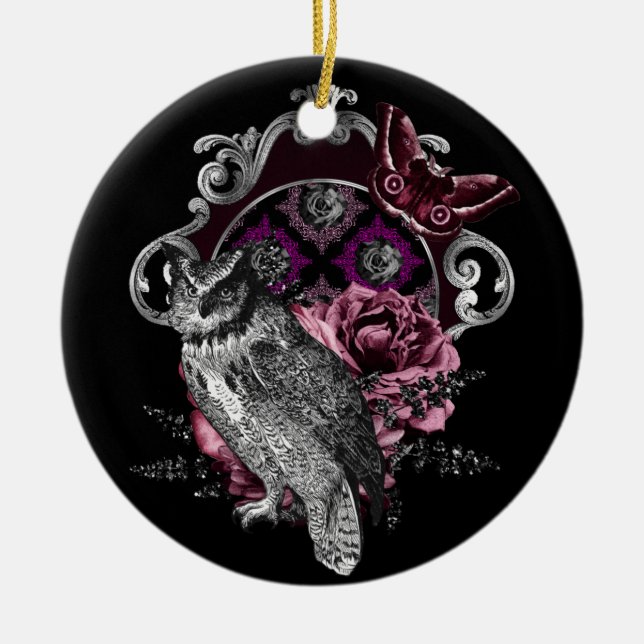 Dark Owl Butterfly And Flowers - Gothic Ceramic Ornament (Front)