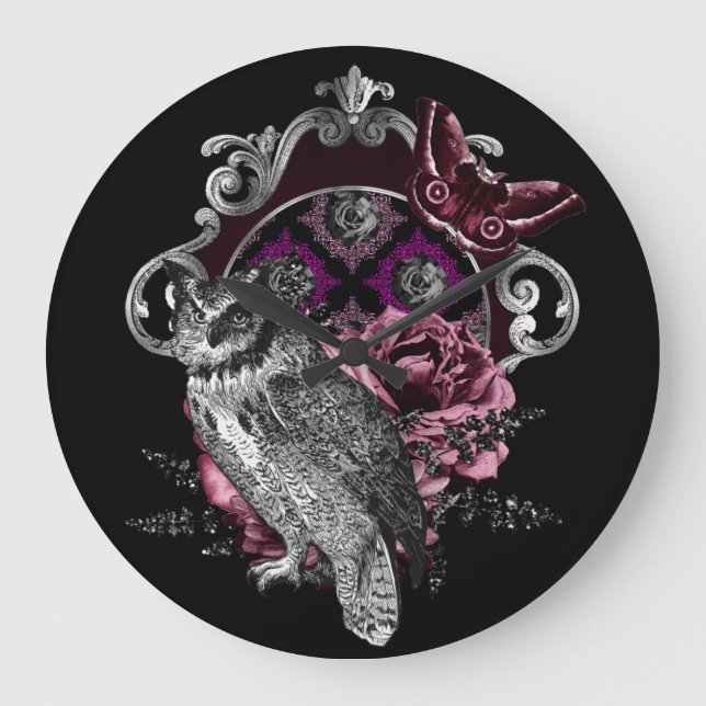 Dark Owl Butterfly And Flowers - Gothic Large Clock (Front)