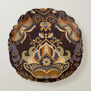 Dark Paisley: Floral Indian Seamless. Round Cushion