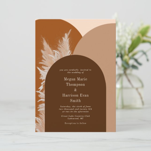 Dark Pampass grass and Arches Wedding Invitation (Standing Front)
