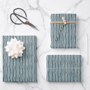 Dark Peacock Blue & Ivory Wonky Stripes Wrapping Paper Sheet