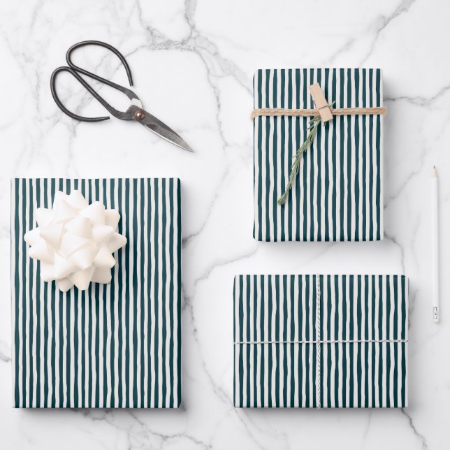 Dark Peacock Blue & Ivory Wonky Stripes Wrapping Paper Sheet (Front)