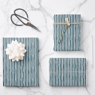 Dark Peacock Blue & White Wonky Stripes Wrapping Paper Sheet