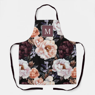 Dark Peonies Floral Pattern Monogram Apron