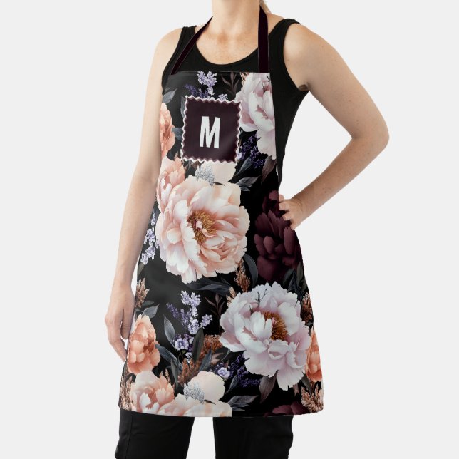 Dark Peonies Floral Pattern | Monogram Apron (Insitu)
