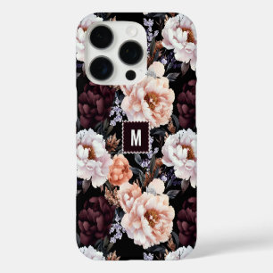 Dark Peonies Floral Pattern Monogram iPhone 16 Pro Case