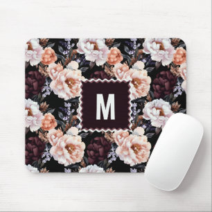 Dark Peonies Floral Pattern Monogram Mouse Pad
