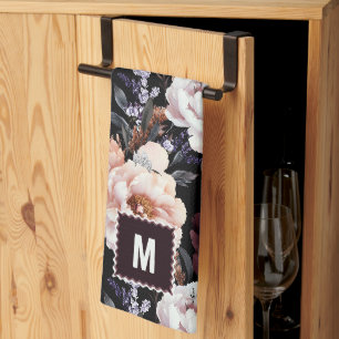 Dark Peonies Floral Pattern Monogram Tea Towel