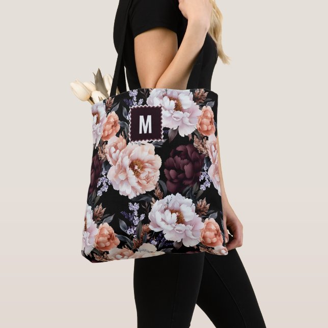 Dark Peonies Floral Pattern | Monogram Tote Bag (Close Up)