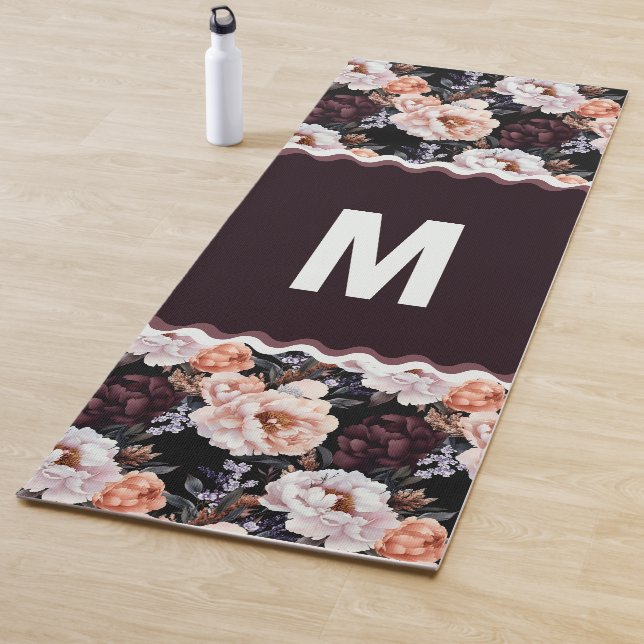 Dark Peonies Floral Pattern | Monogram Yoga Mat (In Situ)