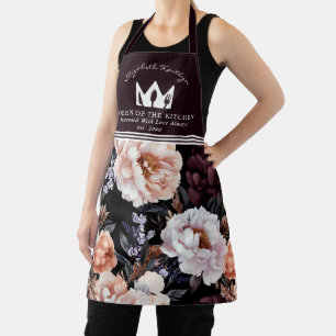 Dark Peonies Floral Pattern Queen of the Kitchen Apron