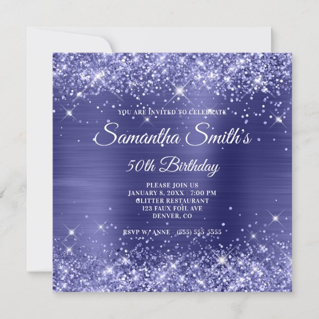 Dark Periwinkle Glitter and Foil 50th Birthday Invitation (Front)