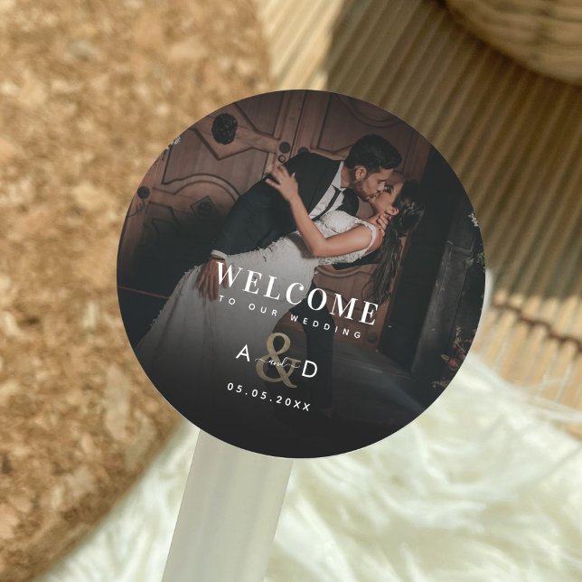 Dark Photo Gold Ampersand Wedding Welcome Favour Classic Round Sticker (Creator Uploaded)
