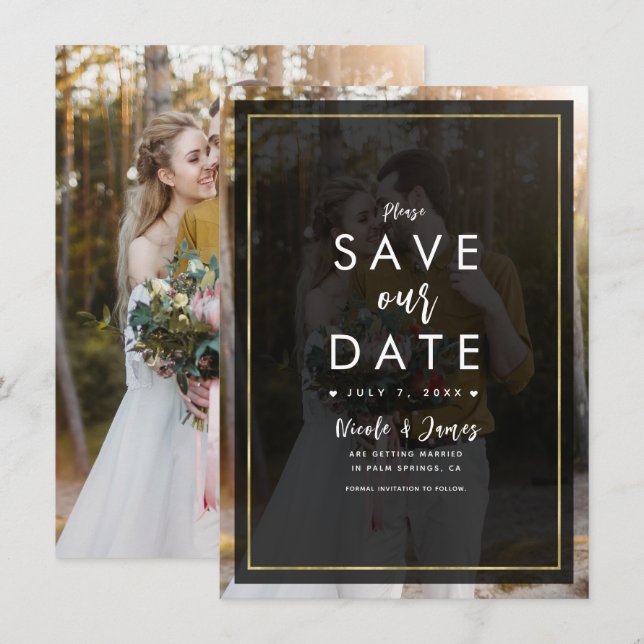 Dark Photo Gold Tint Overlay Modern Save the Date Invitation (Front/Back)