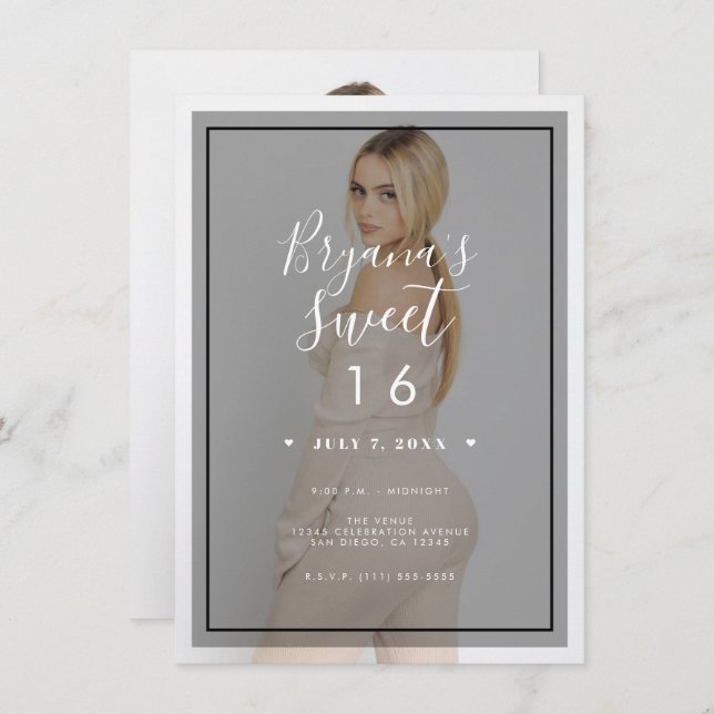 Dark Photo Tint Overlay 3 Modern Minimal Sweet 16 Invitation (Front/Back)