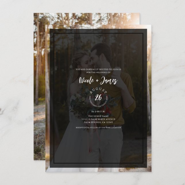 Dark Photo Tint Overlay Modern Minimal Wedding Invitation (Front/Back)