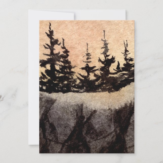 Dark pines on a cliff with a greyed pink sky art (Front)