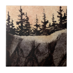 Dark pines on a rugged cliff with grey pink sky ceramic tile