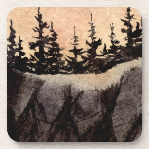 Dark pines on rugged cliff with greyed pink sky coaster