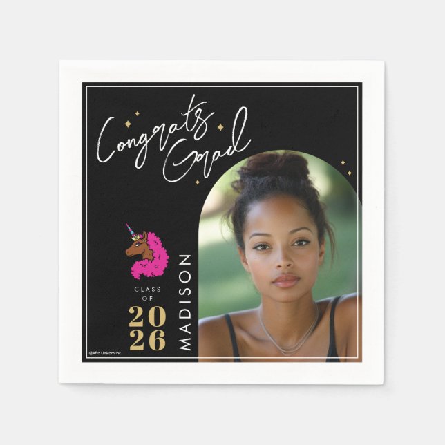 Dark Pink Afro Unicorn Graduation Napkin (Front)