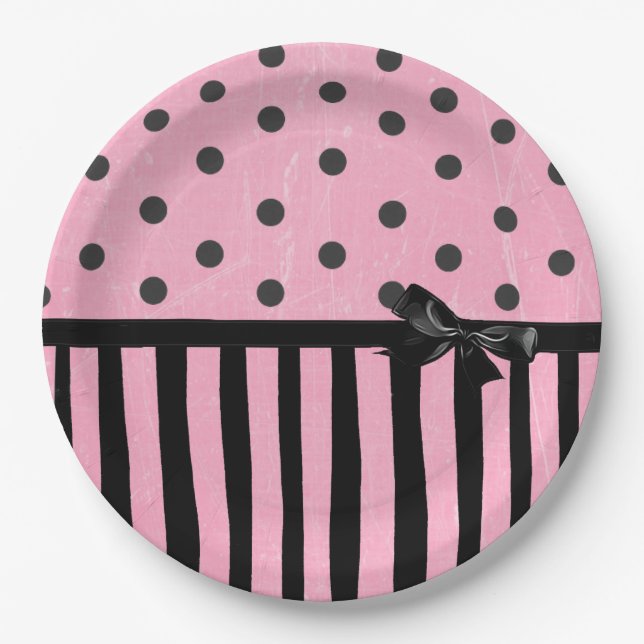 Dark Pink and Black Polka Dot Striped  Paper Plate (Front)
